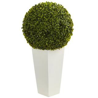 Nearly Natural 28 in. Artificial Indoor/Outdoor Boxwood Topiary Ball Plant in White Tower Planter... | The Home Depot