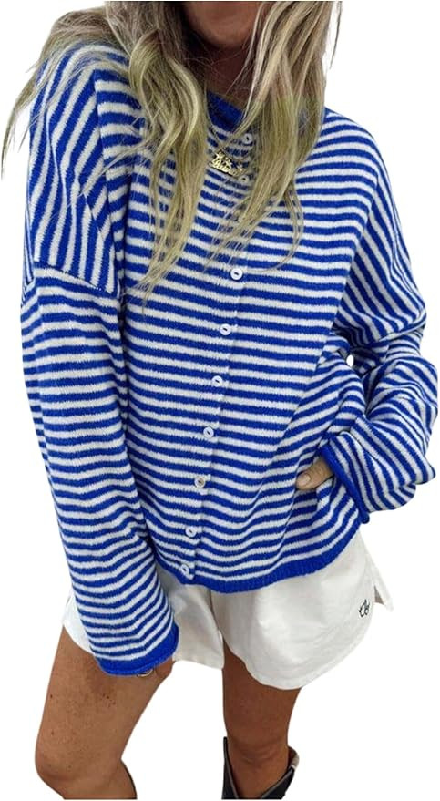 Milumia Women's Striped Button Down Cardigan Sweater Long Sleeve Crewneck Loose Knit Tops | Amazon (US)