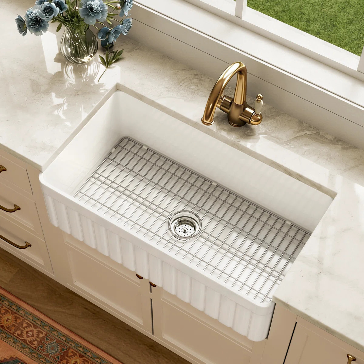 Solstice 33" L x 18" W Fireclay Farmhouse Kitchen Sink with Sink Grid and Basket Strainer DV-1K50... | Wayfair North America
