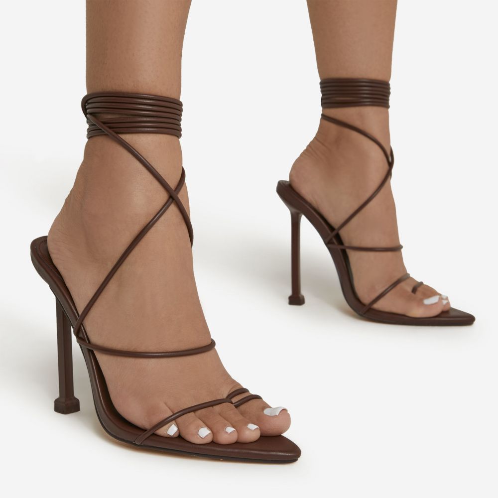 Foreva Lace Up Strappy Pointed Toe Heel In Dark Brown Faux Leather | EGO Shoes (US & Canada)