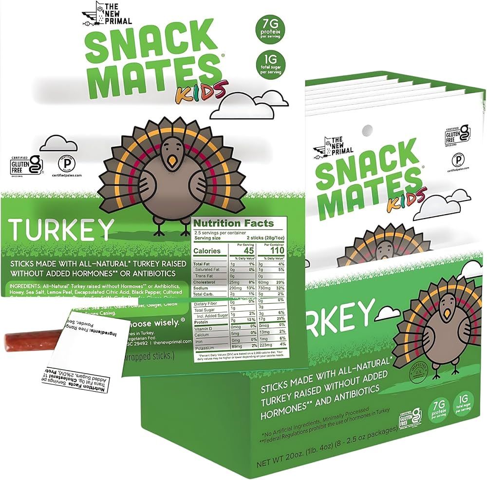 The New Primal Snack Mates Turkey Sticks, Gluten Free Healthy Snacks for Kids, Low Sugar High Pro... | Amazon (US)