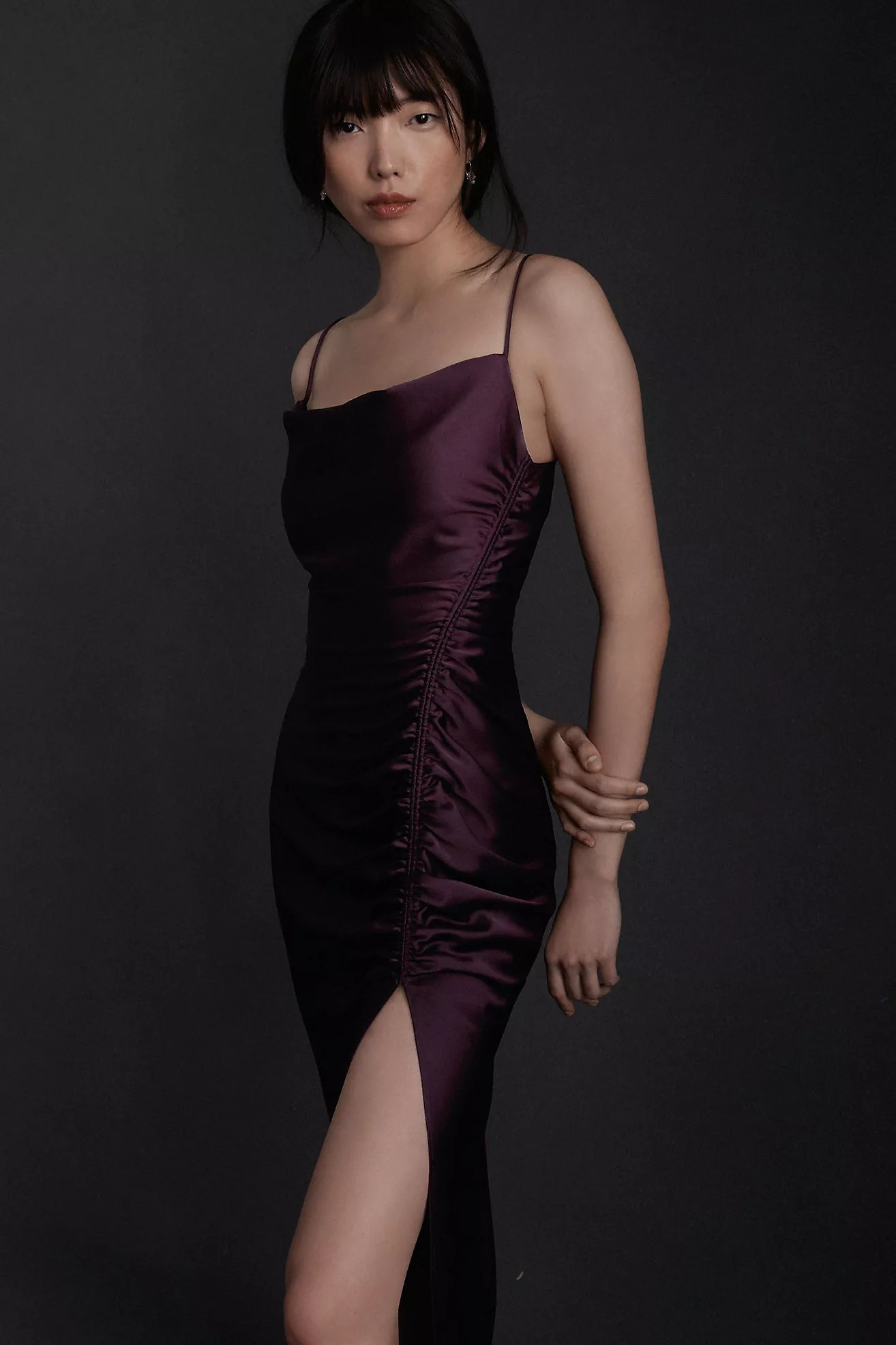 BHLDN Jennings Cowl-Neck Ruched Side-Slit Satin Gown | Anthropologie (US)