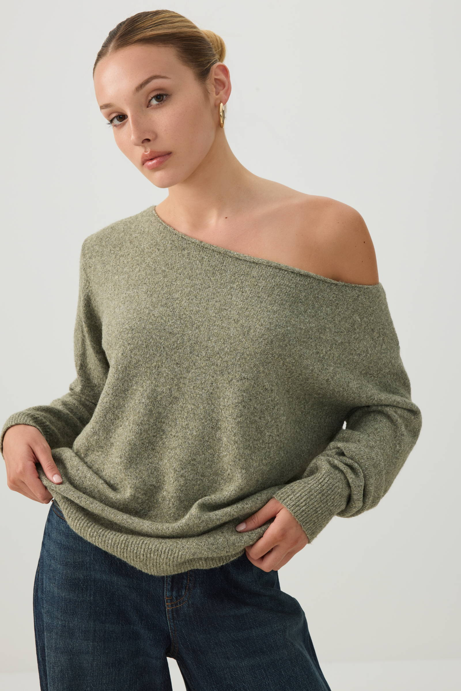 Off Shoulder Knit Sweater Medium Green | Ardene Canada | Ardene US