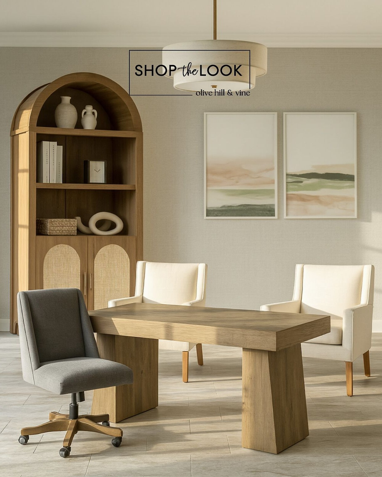 Sleek, timeless, and designed to work as hard as you do. This curated office blends soft neutrals, functional furnishings, and elegant details—from the arched bookcase to the layered ceiling light—for a workspace that feels as good as it looks. 

 

#LTKHome #LTKStyleTip #LTKFamily