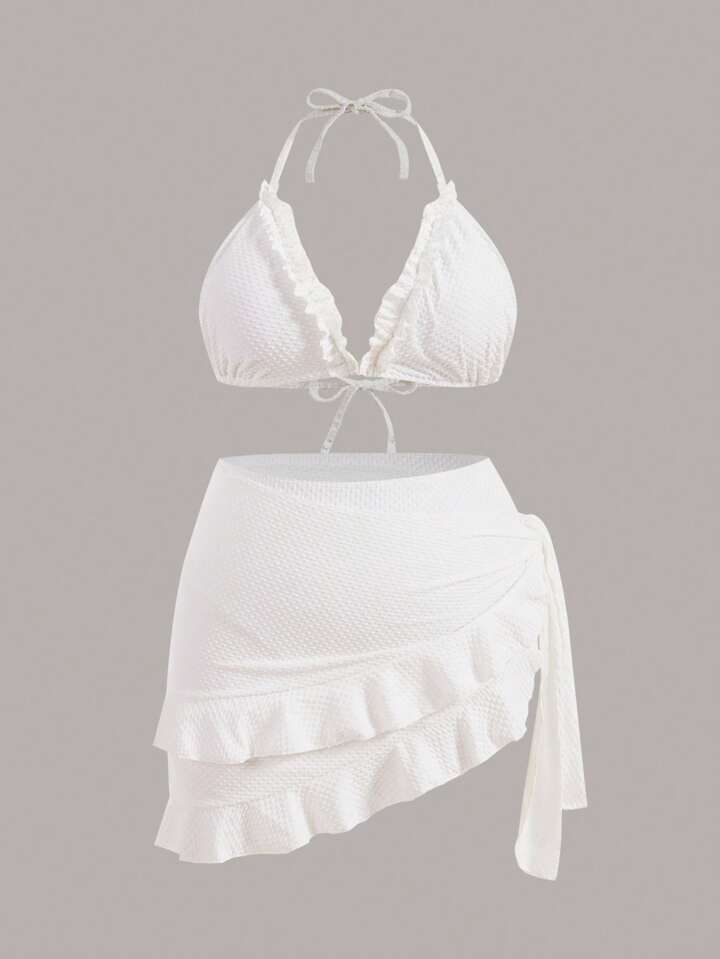 SHEIN Swim Mod Women's Plus Size White Halter Neck, Spaghetti Strap, Lace Trim Swimsuit 3 Piece S... | SHEIN
