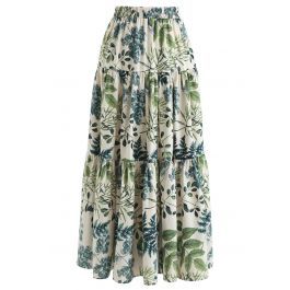 Natural Leaves Printed Linen-Blend Maxi Skirt | Chicwish