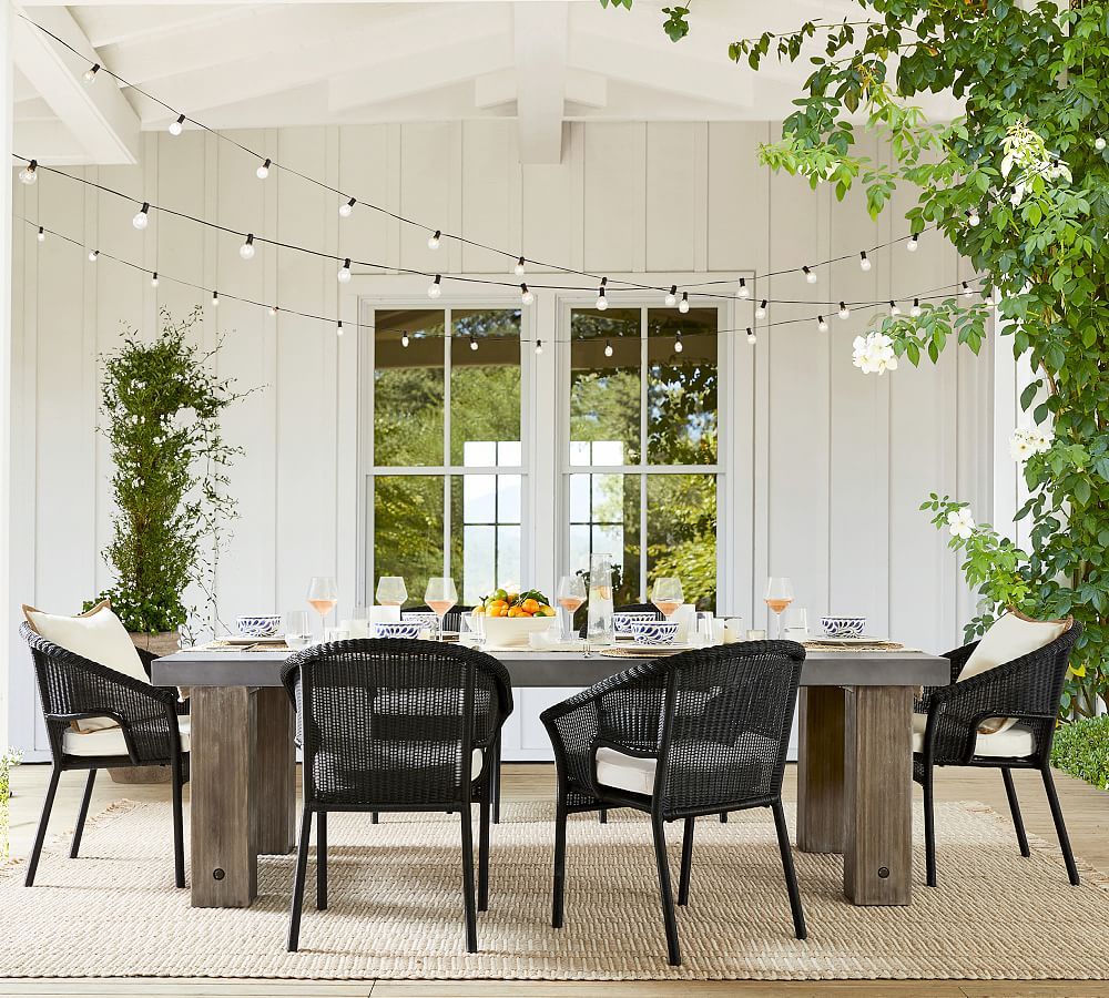 Abbott Concrete & Acacia Chunky Leg Dining Table + Palmetto Wicker Stacking Armchair Dining Set | Pottery Barn (US)