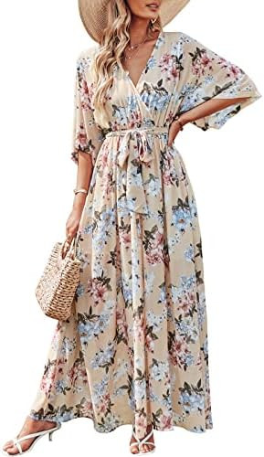 ANRABESS Womens 1/2 Sleeve Beach Wedding Guest Maxi Dresses 2026 Summer Wrap V Neck Boho Floral F... | Amazon (US)