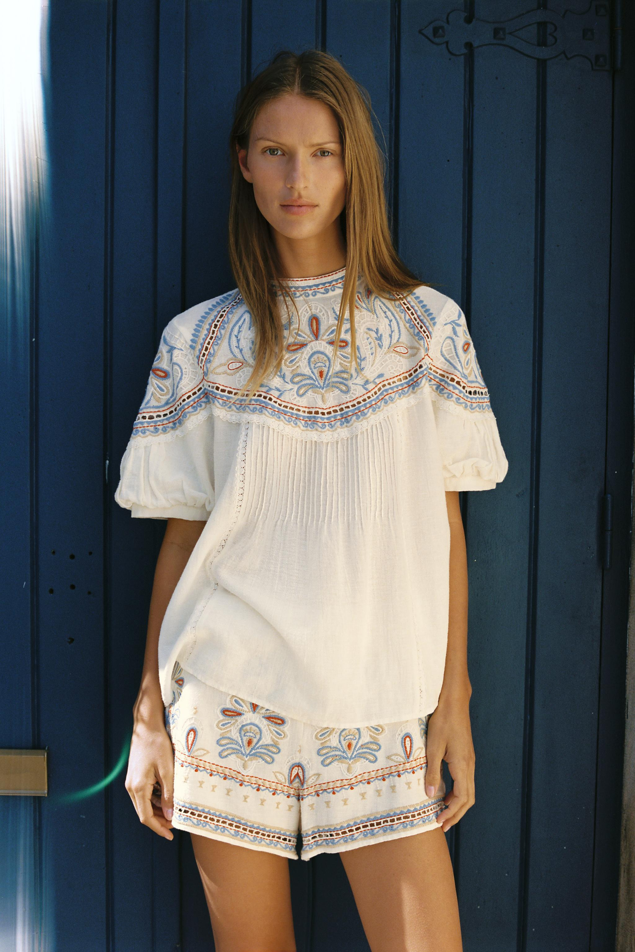 EMBROIDERED SHORT SLEEVE BLOUSE | Zara US