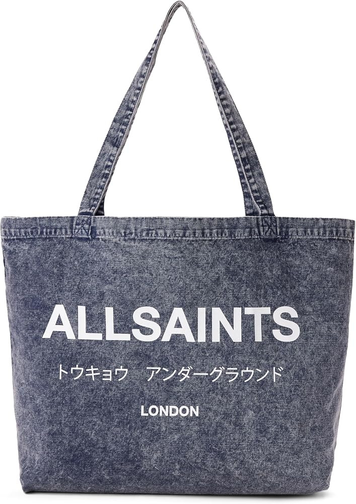 AllSaints Underground Acid Wash Denim Tote Bag, Deep Sea Navy, London Edition with Japanese Text | Amazon (US)