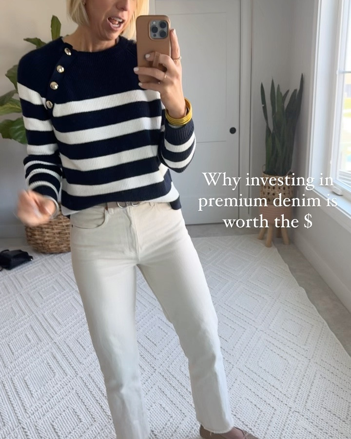 Premium off white, straight leg jeans that are worth the investment! The high rise fit, 100% cotton + impeccable construction details make these a great wardrobe staple to wear for years to come! 

I size up one size in all of my white jeans for the most flattering fit through the hips, butt and thighs. 

I also included a similar style off-white jeans that are a more affordable option 👍🏻

#LTKstyletip #LTKover40 #LTKVideo