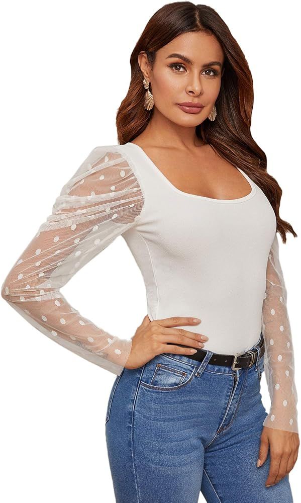 SheIn Women's Puff Long Sleeve Contrast Mesh Polka Dots Square Neck Blouse Top | Amazon (US)