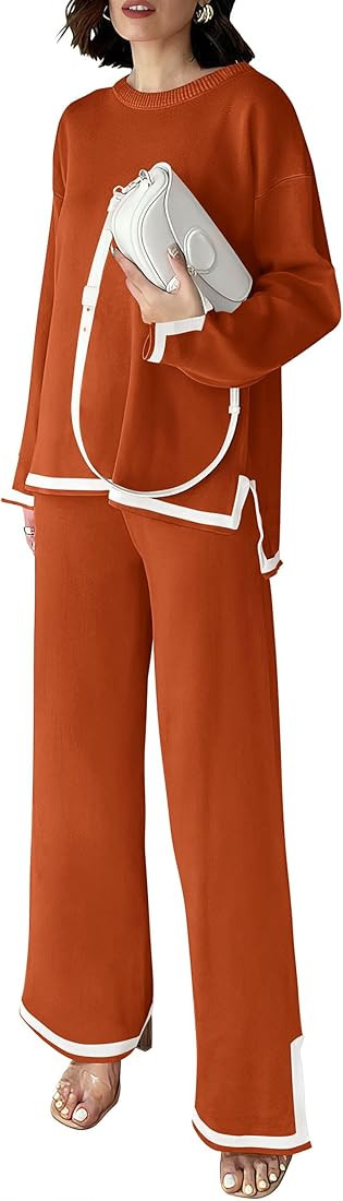 PRETTYGARDEN Women's 2 Piece Knit Sweater Set Casual Long Sleeve Pullover Wide Leg Pants Sweatsui... | Amazon (US)