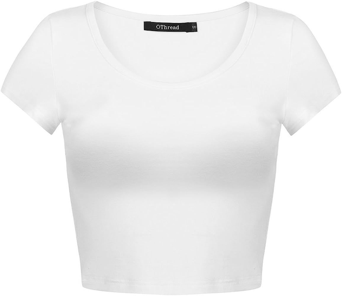 OThread & Co. Women's Basic Crop Tops Stretchy Casual Scoop Neck Cap Sleeve Shirt | Amazon (US)