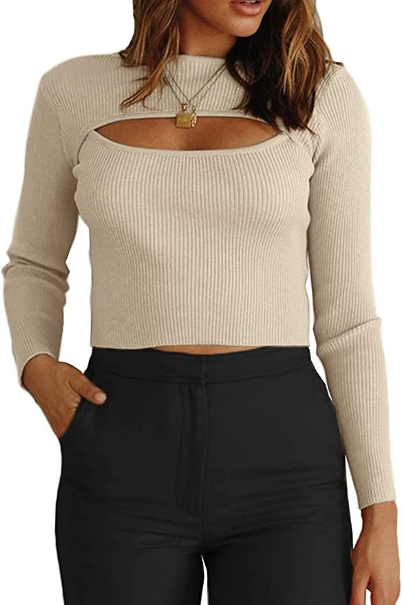 CHYRII Women's Cutout Long Sleeve Knitted Ribbed Pullover Sweater Jumper Tops | Amazon (US)