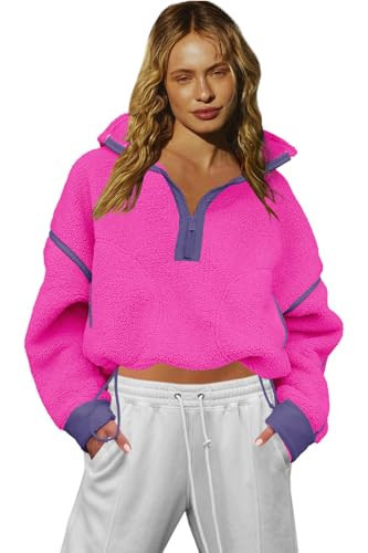 LAMISSCHE Half Zip Sweatshirt Women Oversized Sherpa Jacket V Neck Fleece Pullover Hoodie with Pockets(Hot Pink,M) | Amazon (US)