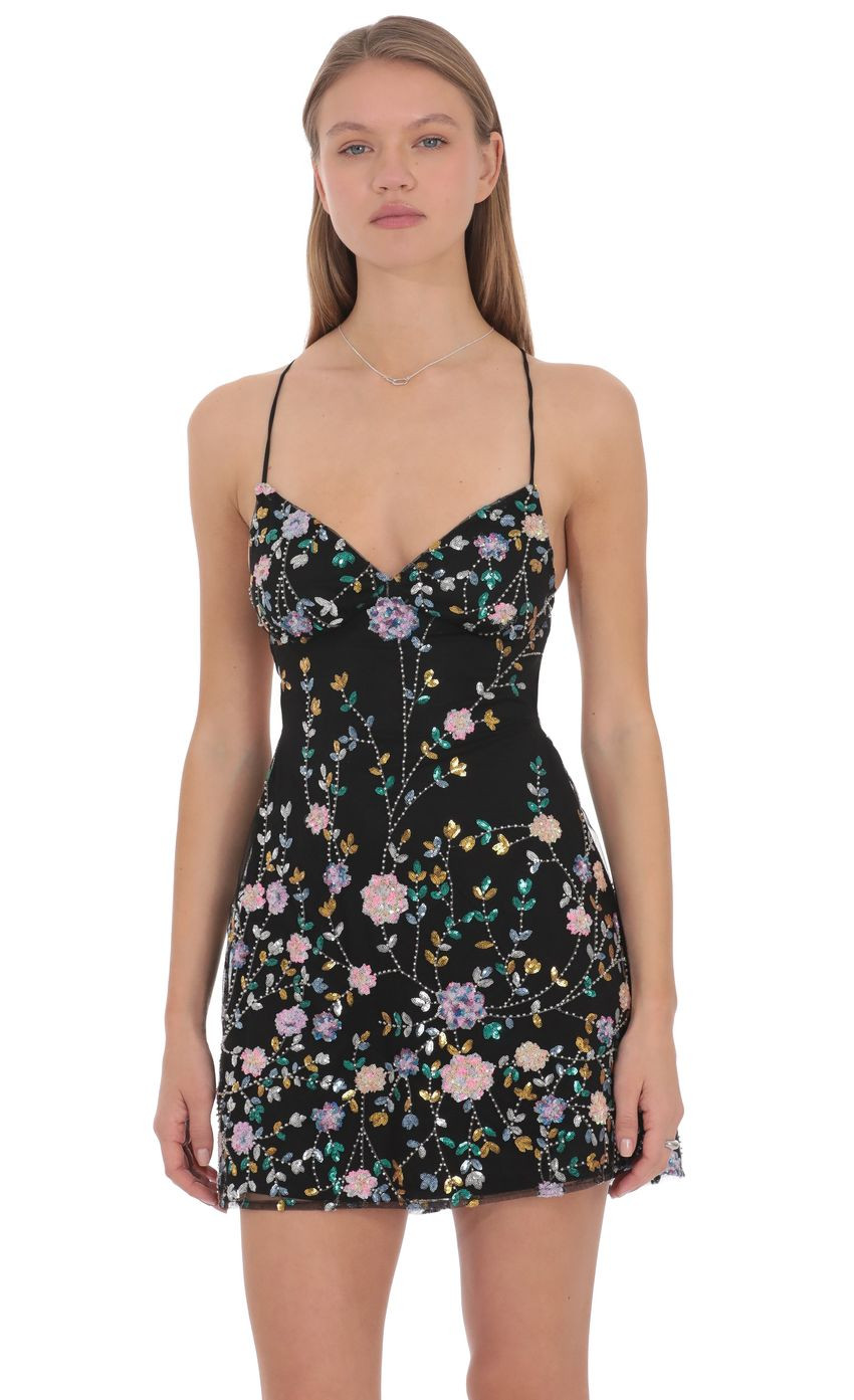 Floral Sequin Mini Dress in Black | Lucy in the Sky