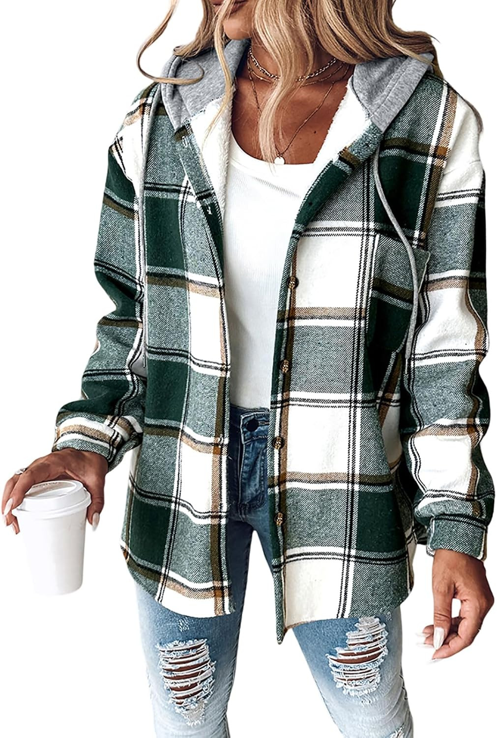 CHICME Womens Casual Jacket Plaid Hooded Fleece Lined Shacket | Amazon (US)