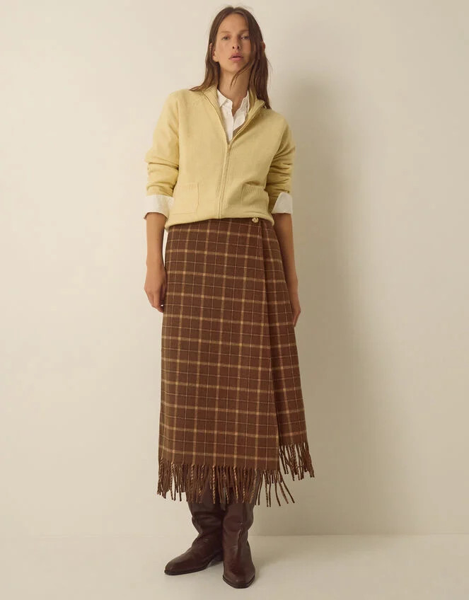Celeste Check Fringe Midi Skirt Brown | Monsoon (UK)