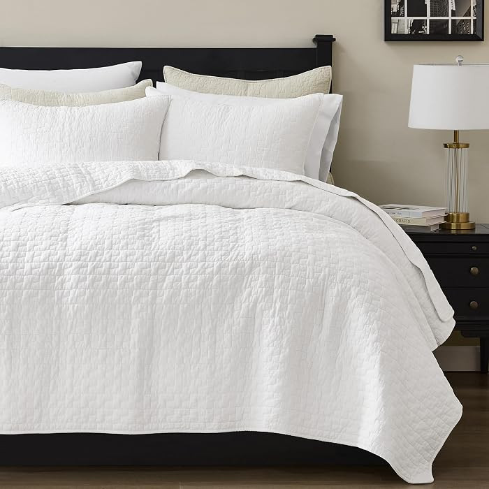 White 100% Cotton Quilt King Size Bedding Sets with 2 Pillow Shams, Textured Lightweight Soft Bed... | Amazon (US)