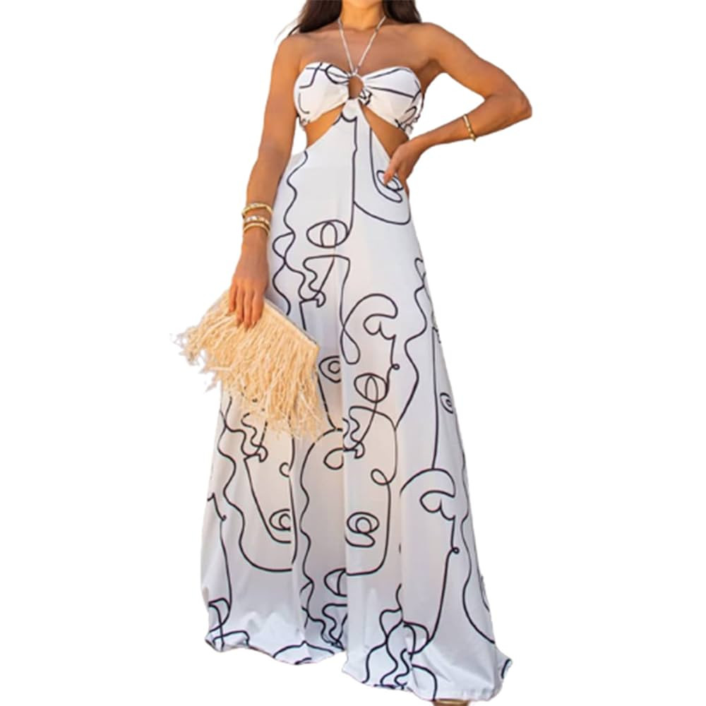 Bopchk Print Sexy Maxi Dress Women Backless Halter Summer Beach Dresses Hollow Out Sleeveless Loo... | Amazon (US)