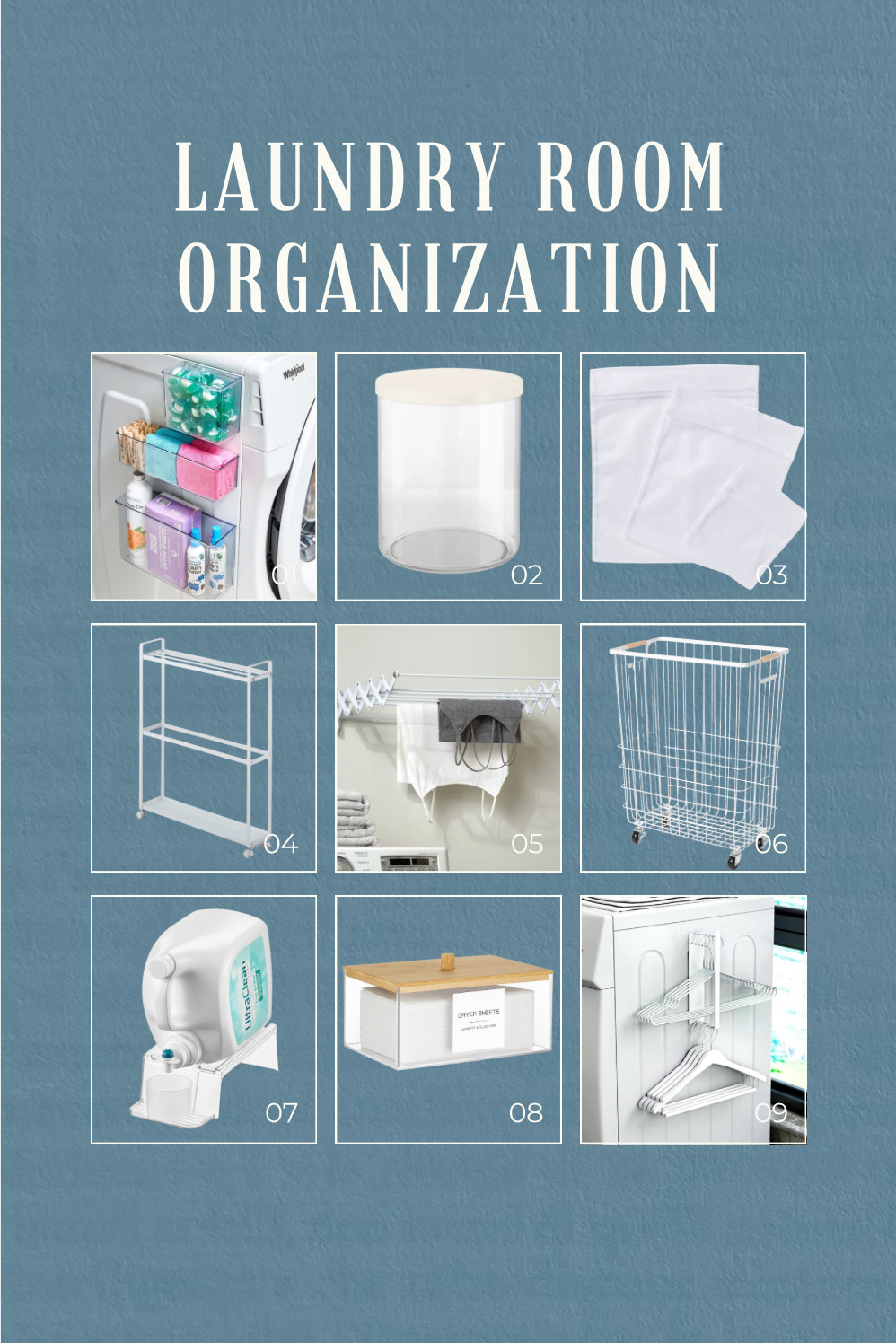 Laundry may never be fun, but a little organization can make it feel a lot less painful. These simple pieces help keep supplies contained, create more space, and make the whole routine quicker so you can spend less time doing laundry and more time doing anything else.

1. Magnetic storage bins
A great way to store frequently used supplies on the side of the washer or dryer.

2. Large plastic jar
Perfect for holding laundry pods, scent boosters, or powder detergent.

3. Mesh wash bags
Protects delicates and small items during the wash cycle.

4. Narrow rolling cart
Fits between machines and adds extra storage for detergents and cleaning supplies.

5. Wall-mounted retractable drying rack
Folds away when not in use and provides a clean drying space.

6. Rolling laundry hamper
Lightweight, breathable, and easy to move around the room.

7. Liquid detergent dispenser
Keeps detergent accessible and reduces spills with an easy-pour design.

8. Dryer sheet holder
A simple, clean way to store dryer sheets or scent boosters.

9. Magnetic hanger holder
Provides a convenient spot to store hangers directly on the machine. 

 #LTKHome #LTKFindsUnder50 #LTKFindsUnder100