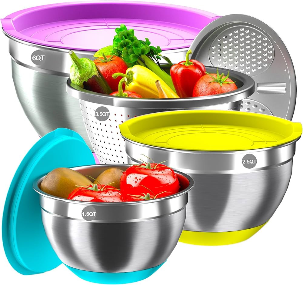 Mixing Bowls with Airtight Lids, Stainless Steel Mixing Bowl Set with 3 Metal Nesting Bowls, Cola... | Amazon (US)