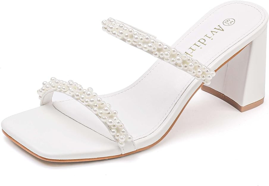 Women's Square Open Toe Heeled Sandals Two Strap Mules Slip On Block Chunky Mid Heels Sandals | Amazon (US)