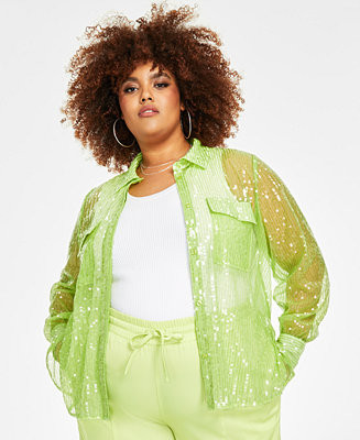 Trendy Plus Size Sequin Sheer-Sleeve Shirt | Macys (US)