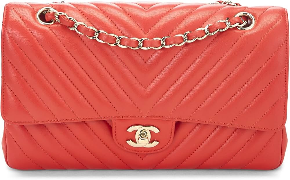 Amazon.com: Chanel, Pre-Loved Orange Chevron Lambskin Classic Double Flap Medium, Orange : Luxury... | Amazon (US)