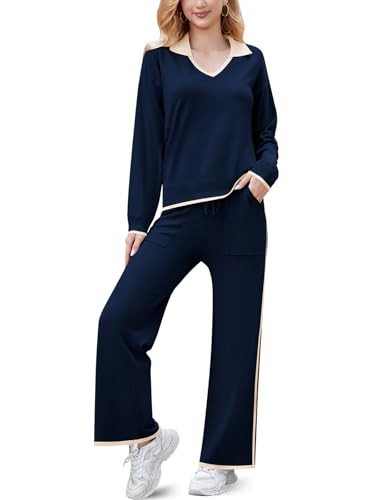 Sugsew Womens 2 Piece Outfits Long Sleeve Knit Sweater Top Wide Leg Pants Tracksuits Trendy Lounge Sets | Amazon (US)