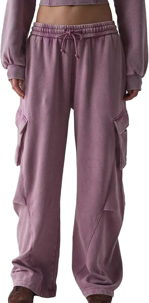 Duyang Women's Barrel Cargo Sweatpants Drawstring Waisted Wide Leg Lounge Acid Wash Pants Casual ... | Amazon (US)