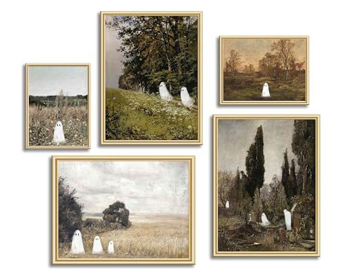 Vintage Landscape Gallery Wall Art, Country Landscape Painting Funny Ghost 5-Piece Print Set, Farmhouse Halloween Decoration Paintings, Natural Landscape Room Aesthetic Canvas Wall Art Poster, | Amazon (US)