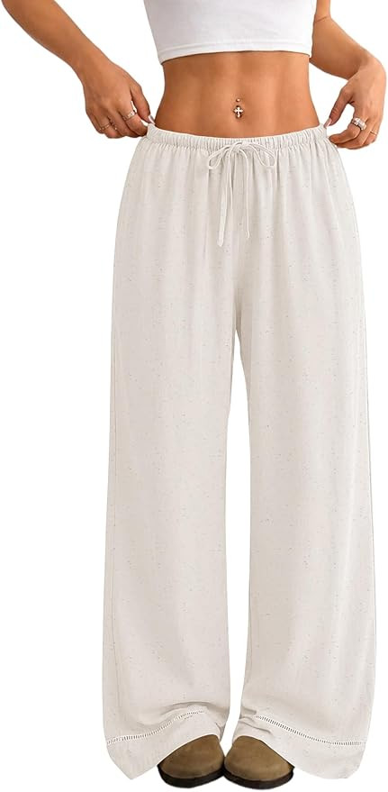 LOMON Women's Linen Pants Boho Wide Leg Summer Flowy Elastic Pants Lightweight Beach Vacation Out... | Amazon (US)