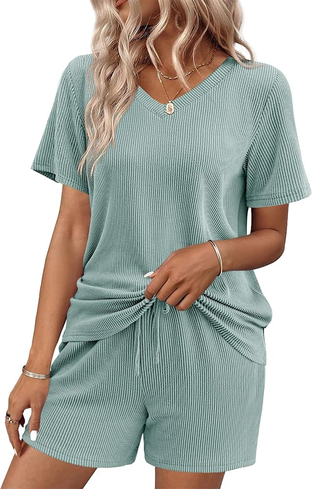 Ekouaer Womens Pajama Sets Short Sleeve Knit Lounge Set 2 Piece Pj Sets for Women V Neck Casual L... | Amazon (US)