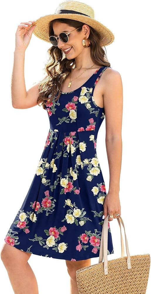 Jouica Women's Casual Summer Tank Sleeveless Knee Length Pleated Sun Dresses with Pockets | Amazon (US)