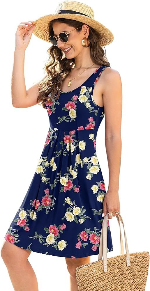 Jouica Women's Casual Summer Tank Sleeveless Knee Length Pleated Sun Dresses with Pockets | Amazon (US)