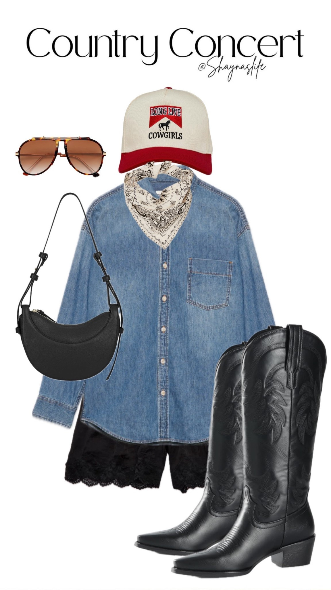 Country concert outfit idea 🤠
Top I wear a L it’s nice and oversized great quality ! 
Shorts I do a M I recommend sizing down they run big. 
Boots TTS and they fit my 15.5 inch calf. 