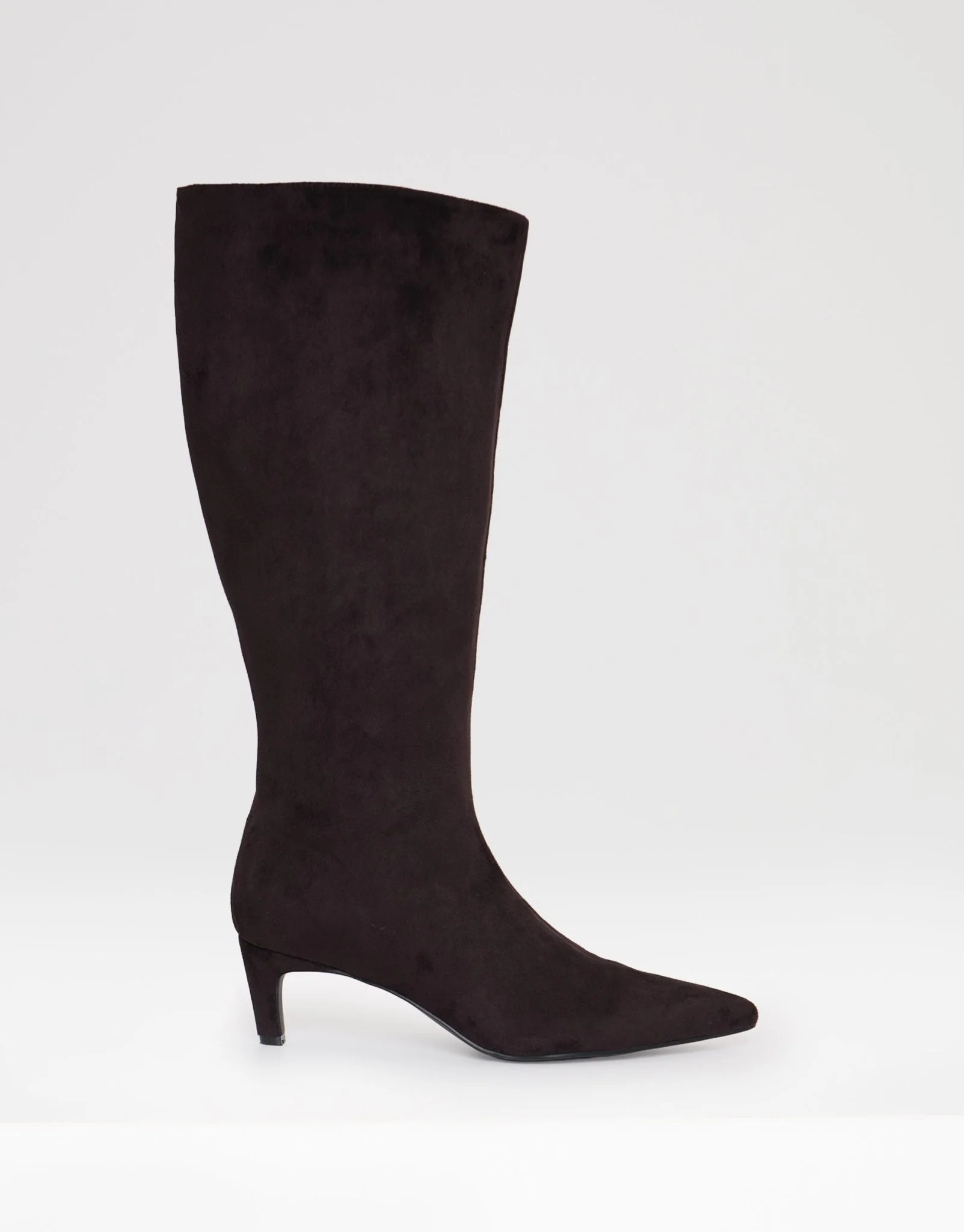 Faux Suede Kitten Heel Knee High Boots in Chocolate Brown | Threadbare UK