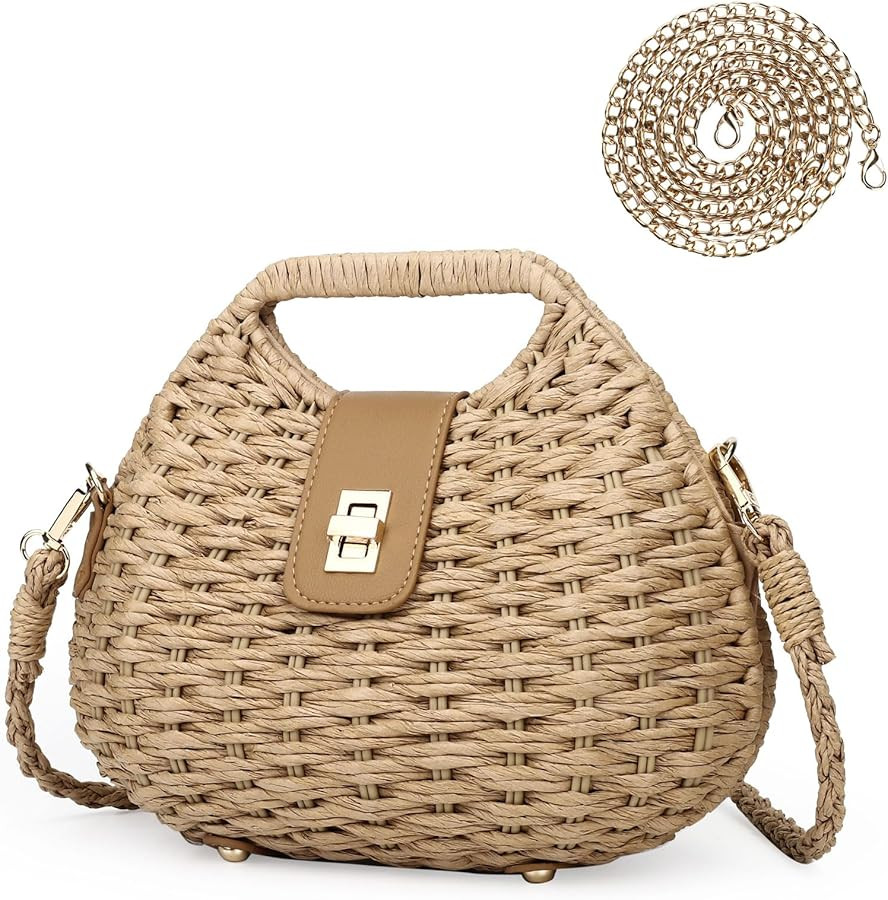 Women Straw Crossbody Bag,Straw Woven Purses with Chain,Beach Handbag for Women | Amazon (US)