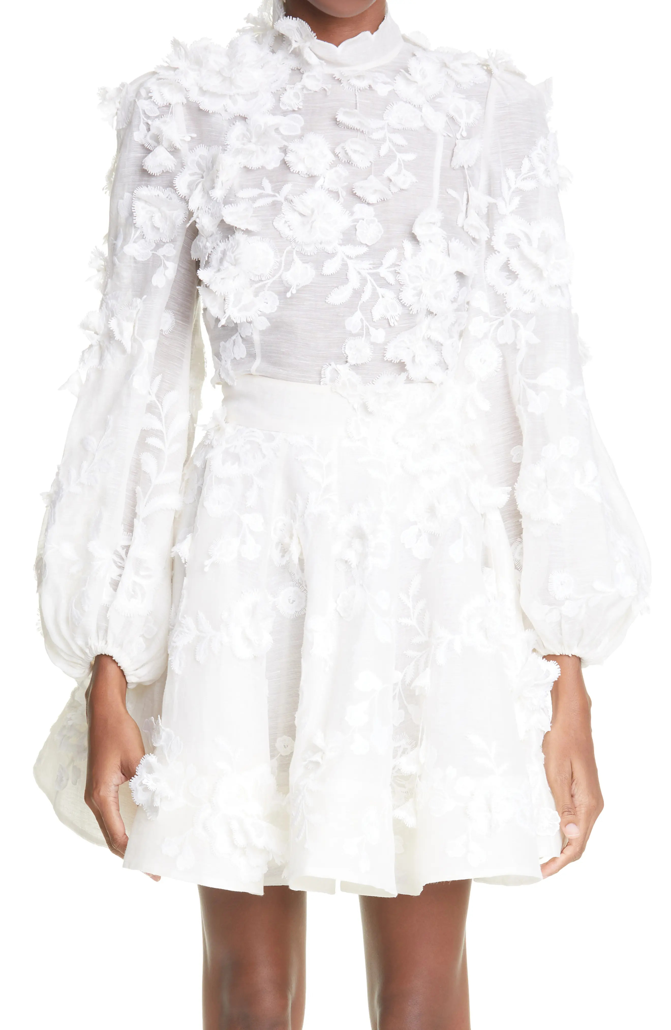 Zimmermann Postcard Applique Linen & Silk Blouson Sleeve Top in Ivory at Nordstrom, Size 1 | Nordstrom