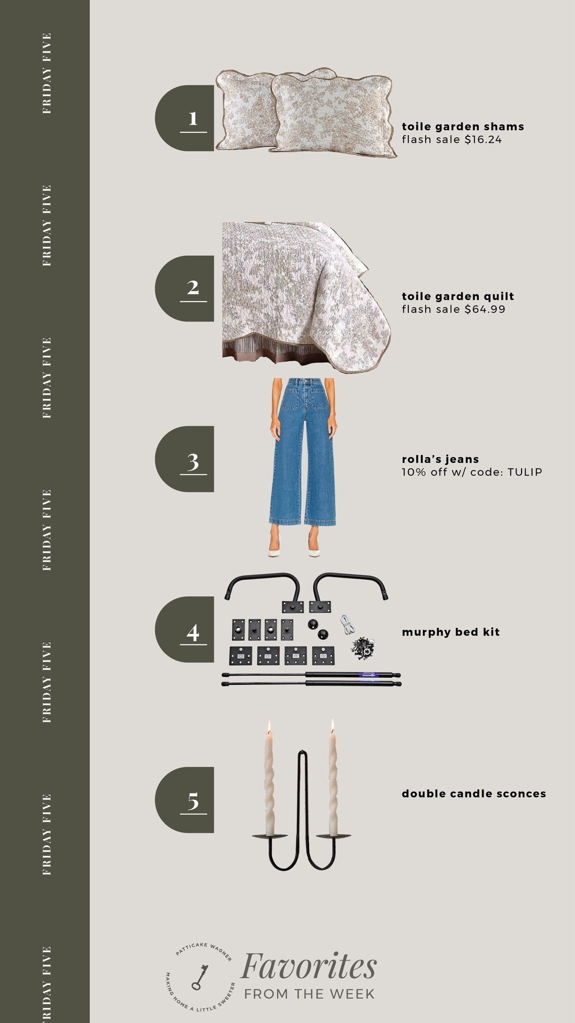 Friday Five: Favorites from the week. *toile garden sham + quilt, rolla’s jeans, murphy bed kit, double candle sconce holder  

#LTKsalealert #LTKhome #LTKstyletip