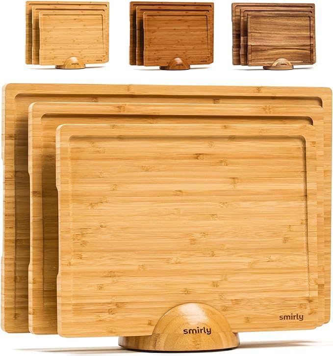 SMIRLY Wooden Cutting Boards For Kitchen - Bamboo Cutting Board Set with Holder, Wood Cutting Boa... | Amazon (US)