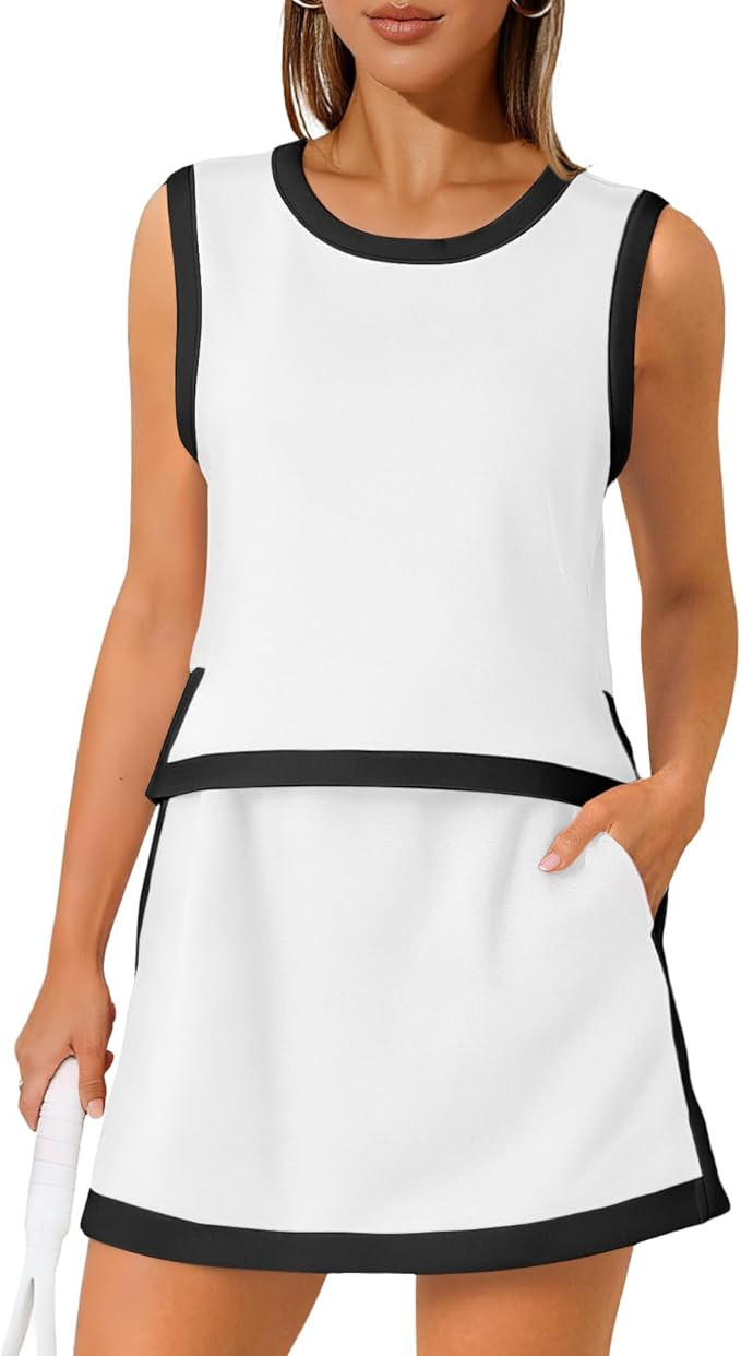 Women's Summer Two Piece Skirt Set Built in Shorts With Pocket Sleeveless Crew Neck Top Tracksuit... | Amazon (US)