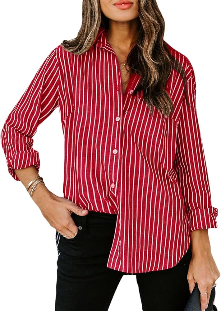 siliteelon Womens Button Down Shirts Cotton Striped Dress Shirt Long Sleeve Collared Office Work ... | Amazon (US)