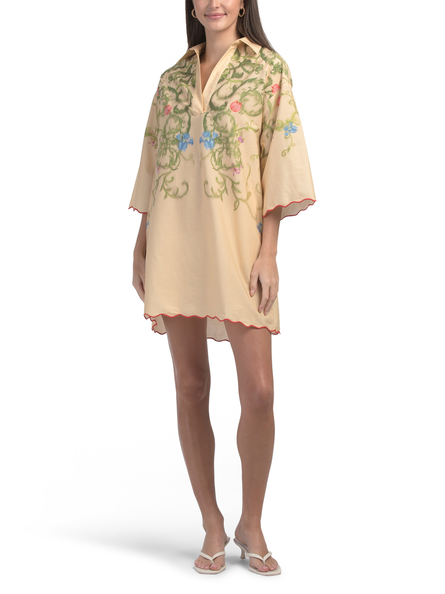 Elbow Sleeve Scalloped Hem Floral Mini Dress | TJ Maxx