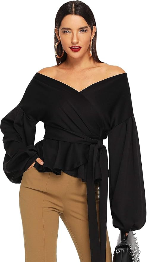 SheIn Women's Long Sleeve V Neck Ruffle Blouse Off Shoulder Tie Waist Wrap Tops | Amazon (US)