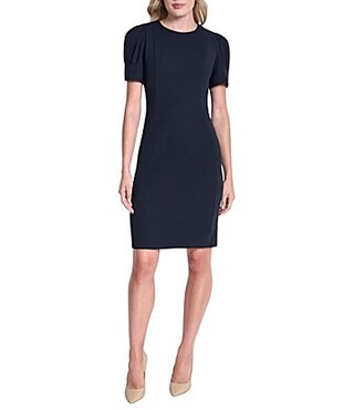 DKNY by Donna Karan Scuba Crepe Round Neck Short Puff Sleeve Sheath Dress - 14 | Dillard's