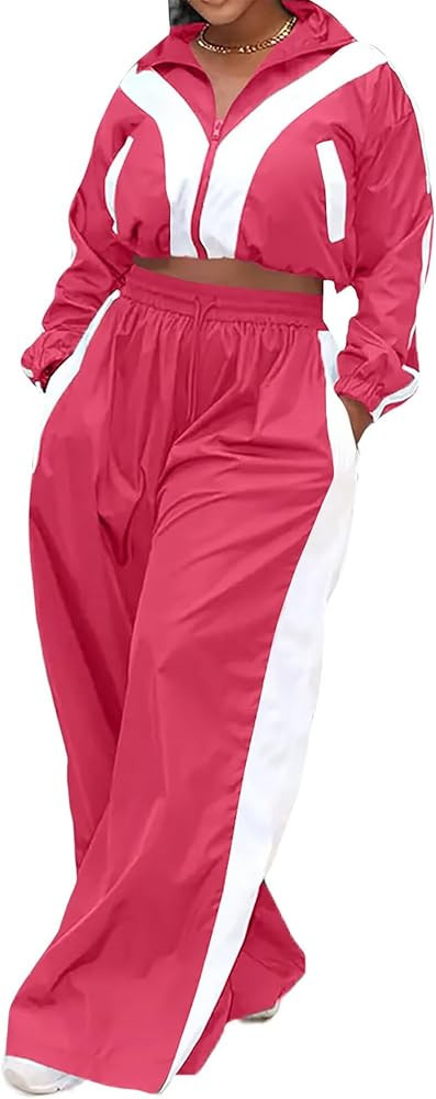 Women Striped 2 Piece Outfits Fall Workout Sets Windbreaker Tracksuit Crop Jacket Wide Leg Pants ... | Amazon (US)