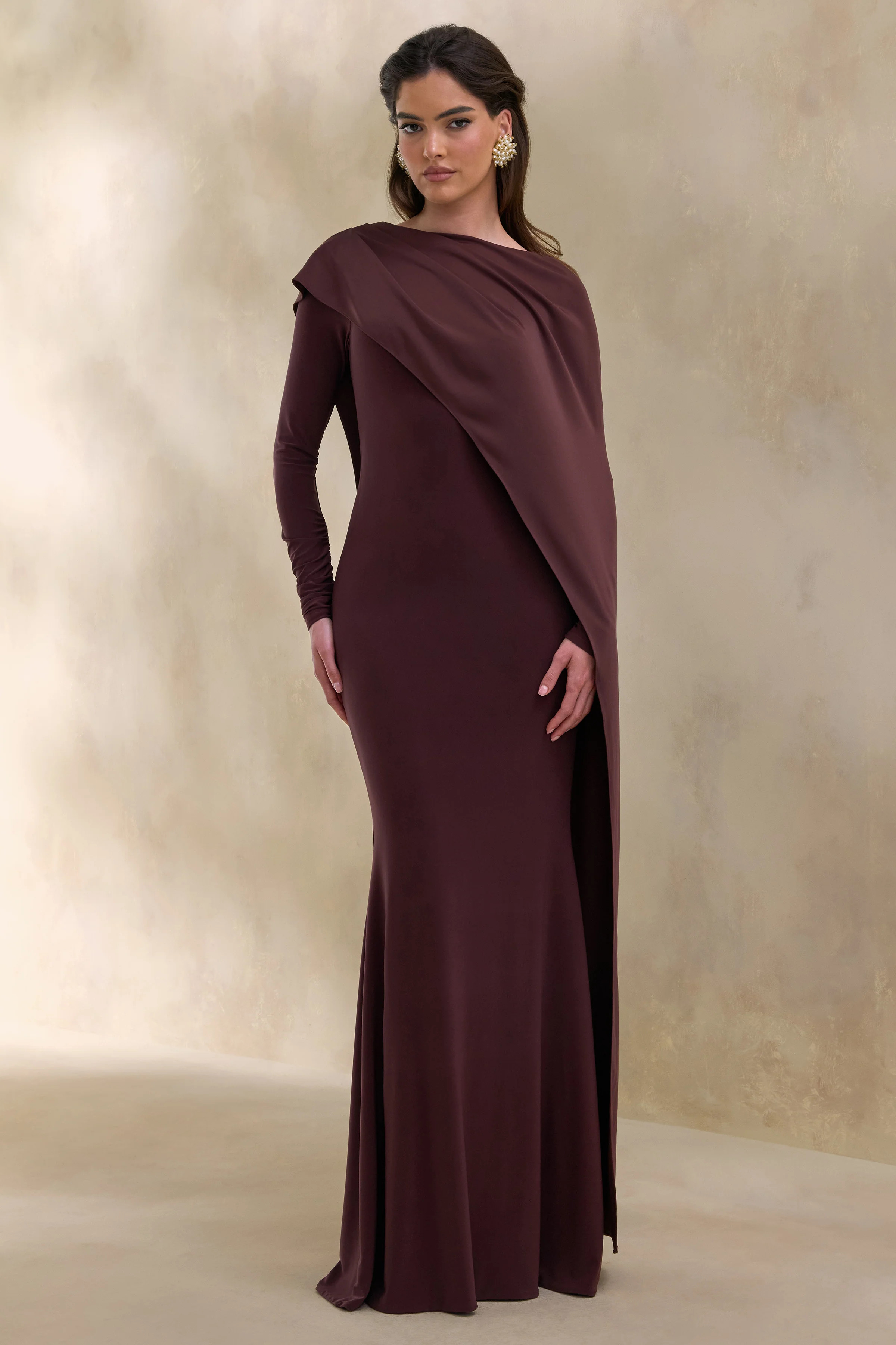 Salenne | Brown Wide-Neck Maxi Dress With Satin Asymmetric-Cape | Club L London